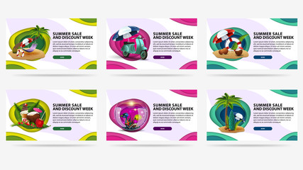 Summer sale and discount week, set modern colorful discount banners with summer icons, copy space and buttons in paper cut style. Large collection of summer discount banners
