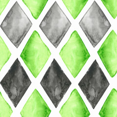 graue und grüne Aquarellrauten auf weißem Hintergrund: gefliestes nahtloses Muster, Textildruck, Tapetenstruktur.