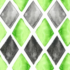 Washable wall murals Rhombuses grey and green watercolour rhombuses on white background: tiled seamless pattern, textile print, wallpaper texture.