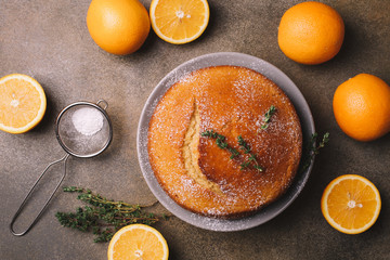 Orange cake or pie. Cozy home baking concept