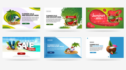 Large collection of summer discount banners in different styles for your website. Summer sale and discount week, banners for website with buttons. Creativity collections