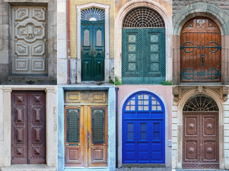 eight old weathered wooden doors with wooden decorations in the historical part of different cities of Europe