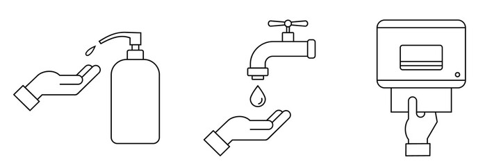 How to wash hands safely instructions. Hand washing procedure thin line icon. Steps: use soap, scrub, rinse and dry. Soap dispenser, faucet and paper towels. Vector illustration, flat style, clip art