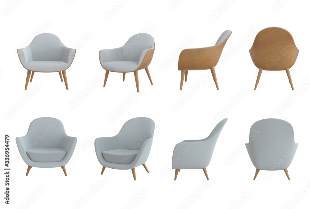 Fototapete 3d rendering big set of an isolated white modern chairs from different sides on light white backgrou