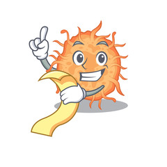 Bacteria endospore mascot character design with a menu on his hand