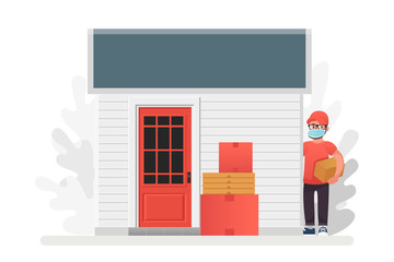 Vector illustration No contact delivery. Entrance and shipping boxes. Order left near the door service. Self isolation and quarantine lifestyle.