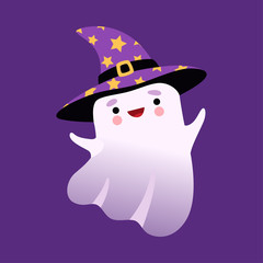 White Little Ghost Wearing Witch Hat, Cute Halloween Spooky Character Vector Illustration