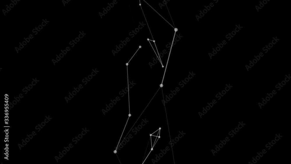 Poster abstract white plexus structure evolving in motion at black background, depth of field.