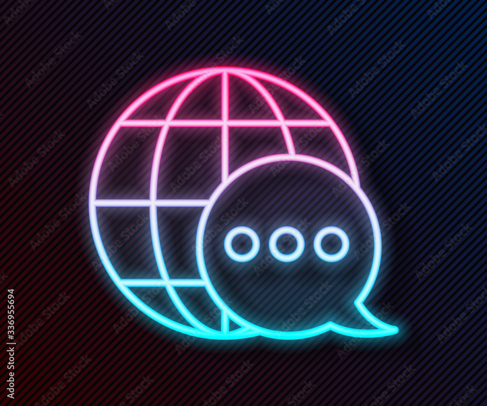 Poster glowing neon line world map made from speech bubble icon isolated on black background. global commun