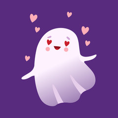 Flying Adorable White Ghost in Love, Cute Halloween Spooky Character Vector Illustration