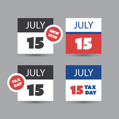 Colorful Tax Day Reminder Concept - Calendar Design Template Set - USA Tax Deadline, New Due Date for IRS Federal Income Tax Returns: 15 July 2020