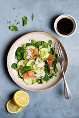 Salmon salad with spinach, radish, cucumber and green herbs. Clean Eating Concept
