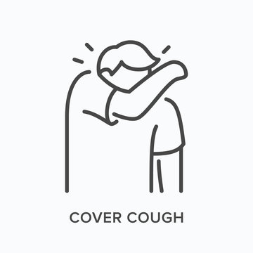Coughing person line icon. Vector outline illustration of man sneezing in elbow. Symptom of influenza