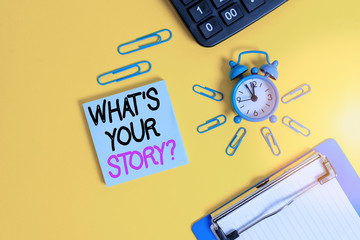 Conceptual hand writing showing What Is Your Story question. Concept meaning being asked by someone...