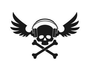 Fototapeta premium Vector black skull with crossed drives and headphones with wings Isolated on white background