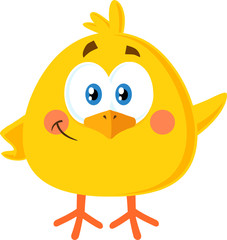 Smiling Yellow Chick Cartoon Character Waving For Greeting. Vector Illustration Flat Design Isolated On White Background