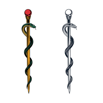 Rod of Asclepius symbol. Vector illustration in engraving technique of twisted snake around a staff. Symbol of medicine. Isolated on white background.