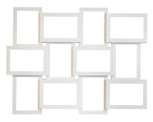 Collage of twelve white or gray frames: six horizontal and six vertical frames for photos, paintings, images, texts, isolated on a white background