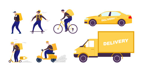 Set delivery shipping transport with courier. Flat vector color cartoon icon