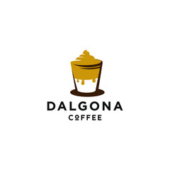 dalgona coffee drink logo with cream and glass icon in trendy minimal line cartoon illustration