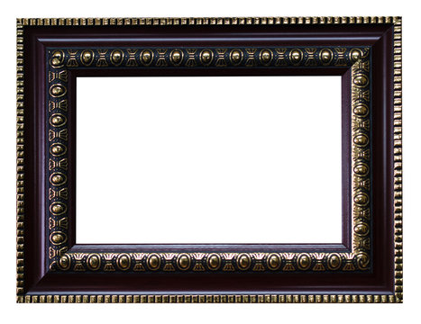 Dark brown wide frame with Gothic-style patterns for photos, text, images or paintings, isolated on a white background