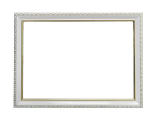 Fototapeta premium White frame with delicate gold or bronze patterns for photos, text, images or paintings, isolated on a white background