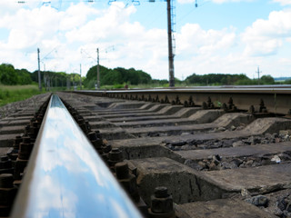 Fototapeta na wymiar railway and rails on wooden sleepers in grass and between trees