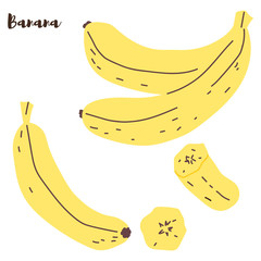 Vector Set of Cartoon Yellow Bananas. Overripe Banana, Single Banana , Peeled Banana, Bunch of Bananas.