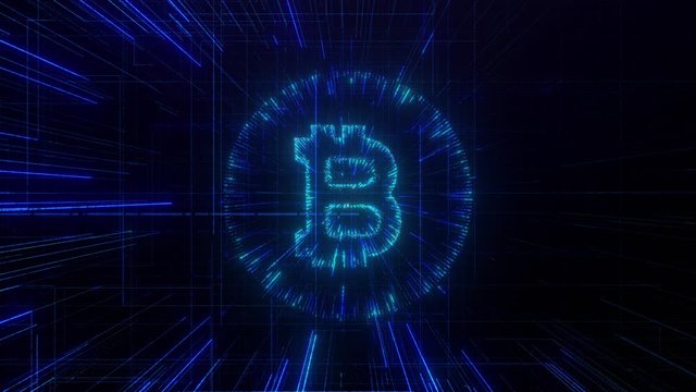 Abstract animation of bitcoin currency in digital space. Bitcoin symbol representing digital finance with blockchain, seamless loop
