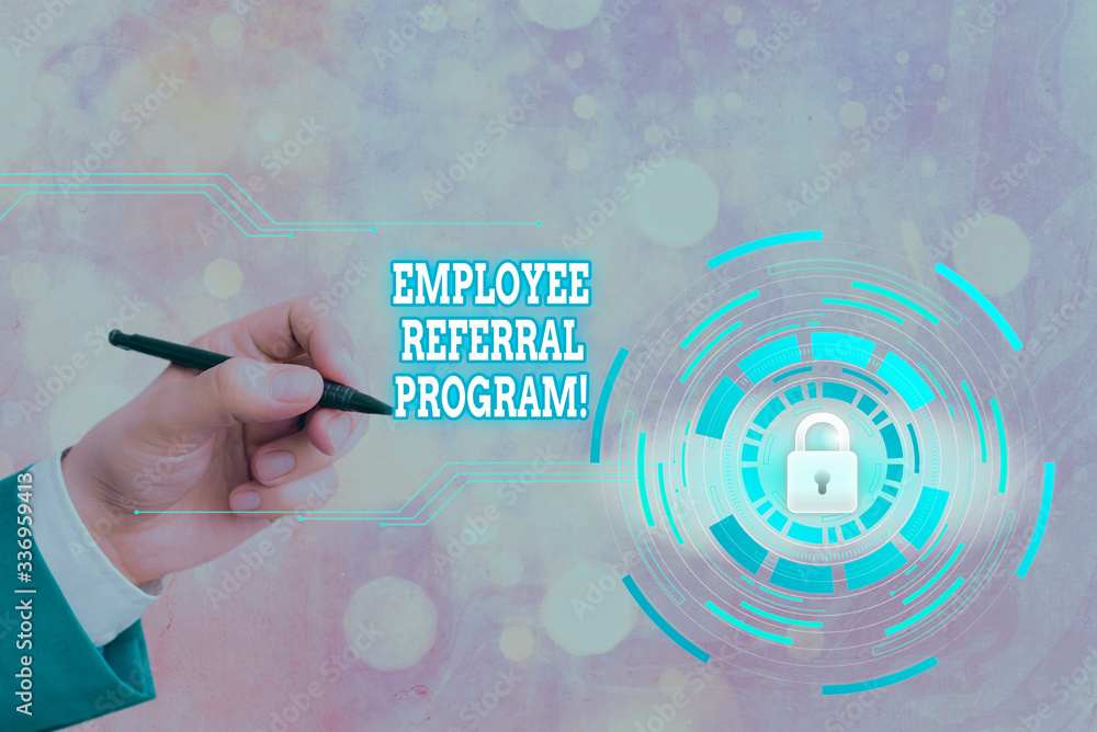 Poster writing note showing employee referral program. business concept for internal recruitment method emp