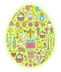 Easter line icon set. Colored Easter symbols collection. Colored icons arranged in the shape of an easter egg. Vector illustration