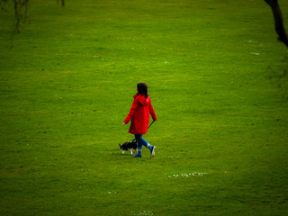 Obraz premium girl in the park with a dog and wearing a red hood jacket