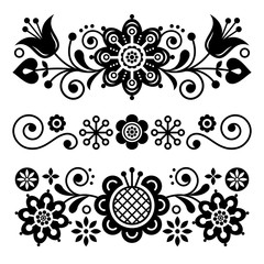 Floral folk art greeting card, design elements, Scandinavian style decor with flowers and leaves, retro black and white floral compositions
