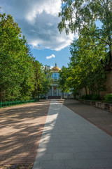 Square and entrance to St. Michael's Cathedral. Svyato-Uspenskiy Pskovo-Pechersk monastery near Pskov, “God zdania cave.”