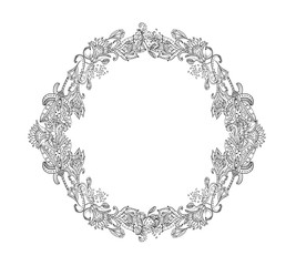 Frame with hand-drawn indian motif ornament. Vector card decor. Isolated circular ornate.