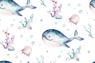 Sea animals blue watercolor ocean seamless pettern fish, turtle, whale and coral. Shell aquarium background. Nautical starfish marine illustration