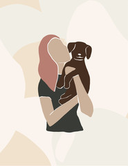Vector girl and dog illustration. Love hugs