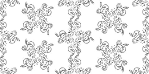 Stylish white  floral kalamkari ornament pattern on black background. Vector surface design for fabric, apparel textile, book, interior, wallpaper