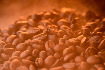 steam over coffee beans morning light