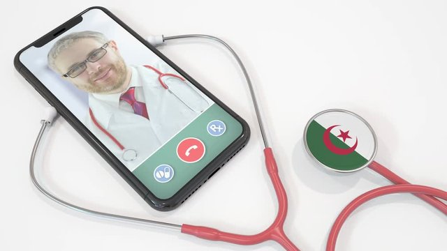 Doctor on the screen of smartphone and the stethoscope with flag of Algeria. Algerian telemedicine