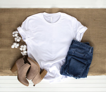 White shirt mockup - tshirt with cotton plant, burlap, boots & jeans