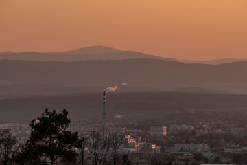 Red sun in sunset evening near Ceske Budejovice city