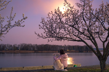 Beautiful young girl sits on a riverbank with a full moon moon labrador retriever dog and looks at the moon's reflection in the river. The hostess takes care of the pet and hugs him. Flowering apricot - obrazy, fototapety, plakaty