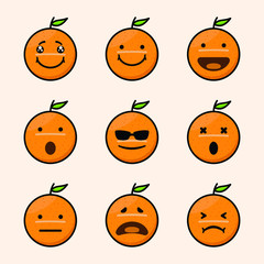 Set of 9 modern flat emoticons: cute cartoon orange with different emotions