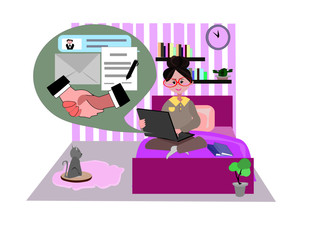Woman working at home and online conference ,talk, chat, send email, sign contract. people using laptop for social distancing . Vector people illustration. flat design .
