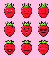 Set of 9 modern flat emoticons: cute cartoon strawberry with different emotions