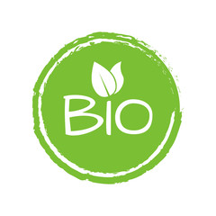 Bio logo or label with green leaves. Vector illustration.
