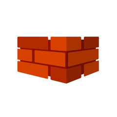Brick wall. Red logo of construction company. Element of building in isometric view. Block and stone barrier.