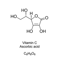 Vitamin C skeletal formula and molecular structure. Ascorbic acid, also known as ascorbate, a vitamin found in various foods and sold as a dietary supplement. Structural formula. Illustration. Vector.