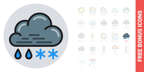 Rain with snow or sleet icon for weather forecast application or widget. Cloud with raindrops and snowflakes. Simple color version. Free bonus icons kit included
